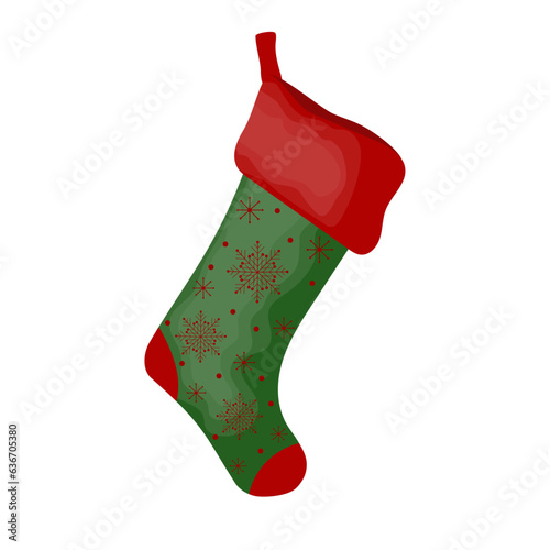 con christmas green with red sock with snowflake ornament isolated on transparent and white background. Doodle element christmas stocking for gifts close up. Vector illustration in cartoon style.