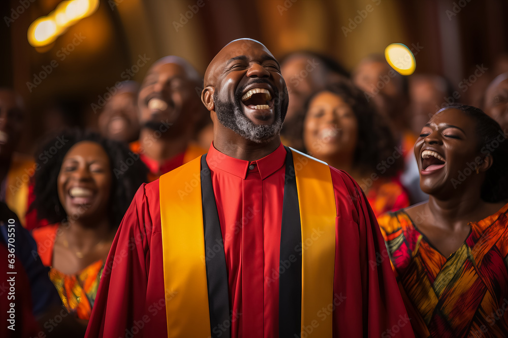 Choir of Christian gospel singers collectively praising Lord Jesus Christ 