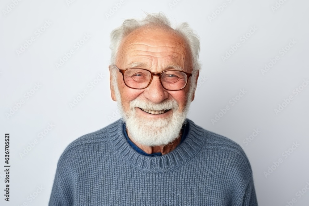Medium shot portrait of a 100-year-old elderly Russian man in a white background wearing a cozy sweater Medium shot portrait of a 100-year-old elderly Russian man in a white background wearing a cozy sweater