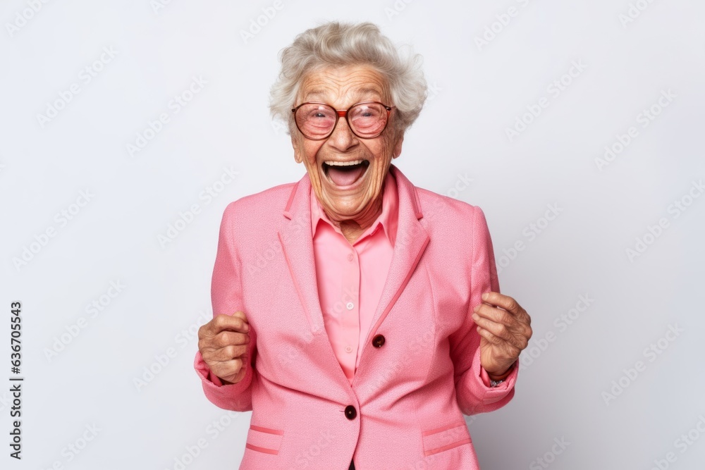 Portrait of a happy senior woman in pink suit on white background Portrait of a happy senior woman in pink suit on white background