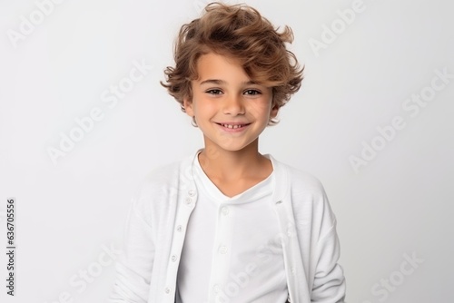 Portrait of a cute little boy with curly hair on a white background