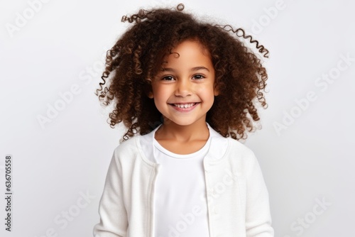 Medium shot portrait of a Brazilian child female in a white background wearing a chic cardigan photo