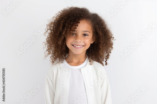 Medium shot portrait of a Brazilian child female in a white background wearing a chic cardigan