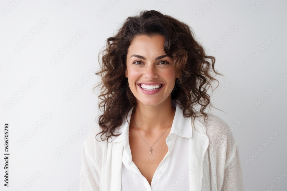 Lifestyle portrait of a Brazilian woman in her 30s in a white background wearing a chic cardigan Lifestyle portrait of a Brazilian woman in her 30s in a white background wearing a chic cardigan