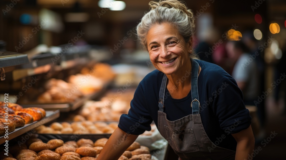 Happy woman working in a bakery with a sincere smile.