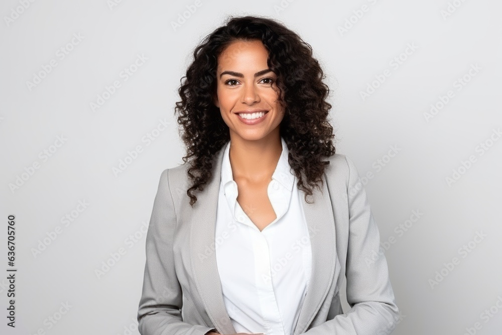 Medium shot portrait of a Brazilian woman in her 30s in a white background wearing a classic blazer Medium shot portrait of a Brazilian woman in her 30s in a white background wearing a classic blazer