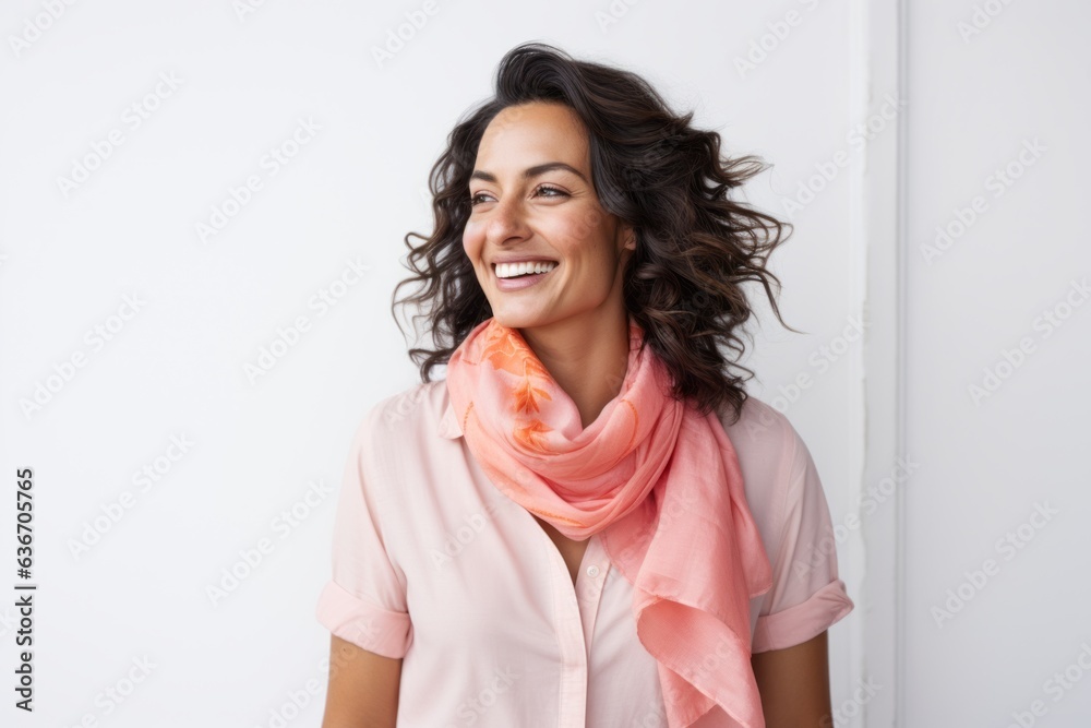 Lifestyle portrait of a Brazilian woman in her 30s in a white background wearing a foulard Lifestyle portrait of a Brazilian woman in her 30s in a white background wearing a foulard
