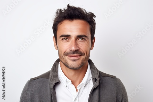 Portrait of a handsome young man smiling at the camera over white background