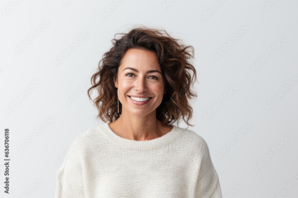 Close-up portrait of a Brazilian woman in her 40s in a white background wearing a cozy sweater Close-up portrait of a Brazilian woman in her 40s in a white background wearing a cozy sweater