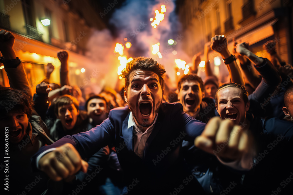 French football fans celebrating a victory 