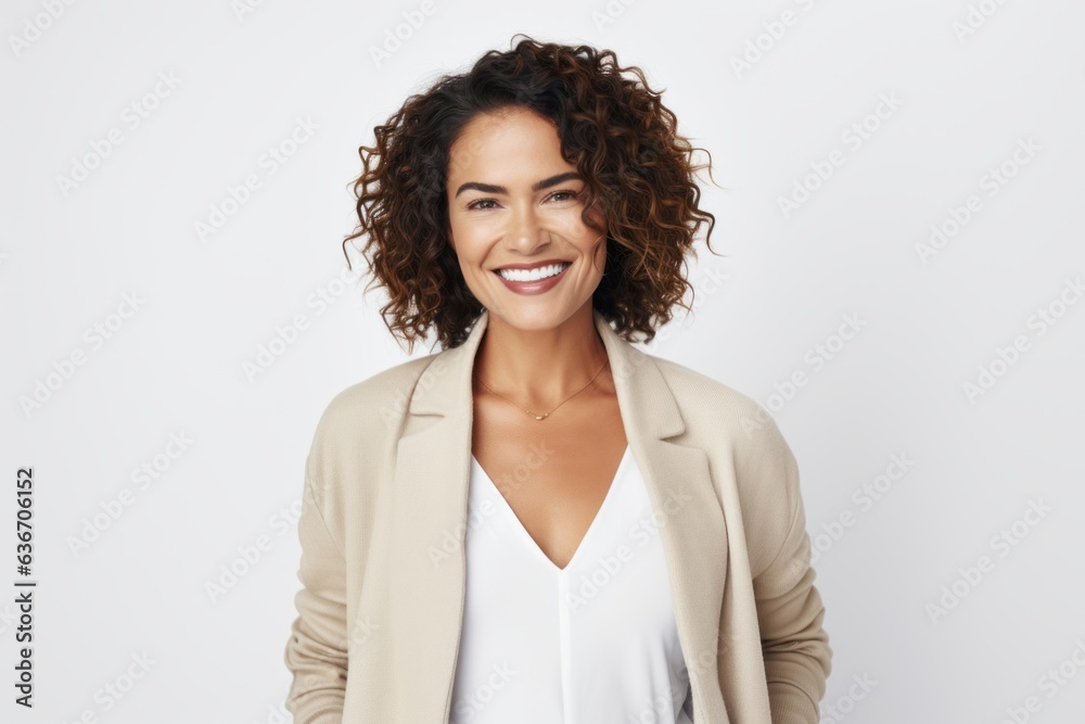 Medium shot portrait of a Brazilian woman in her 40s in a white background wearing a chic cardigan Medium shot portrait of a Brazilian woman in her 40s in a white background wearing a chic cardigan