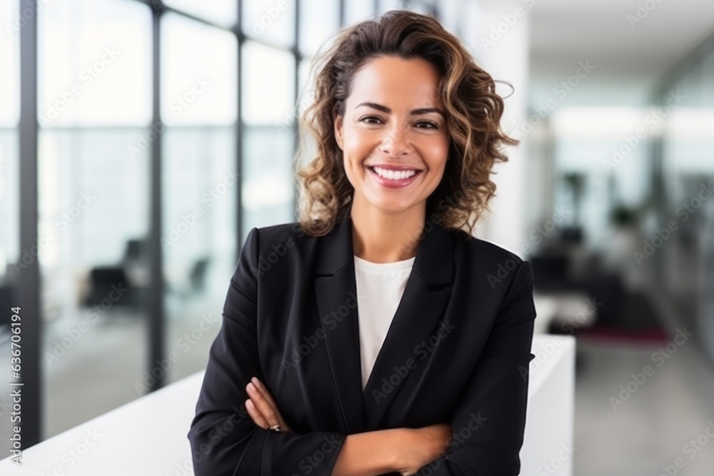 Medium shot portrait of a Brazilian woman in her 40s in a white background wearing a sleek suit Medium shot portrait of a Brazilian woman in her 40s in a white background wearing a sleek suit