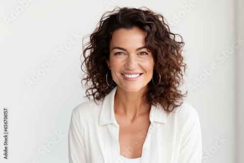 Medium shot portrait of a Brazilian woman in her 40s in a white background wearing a chic cardigan