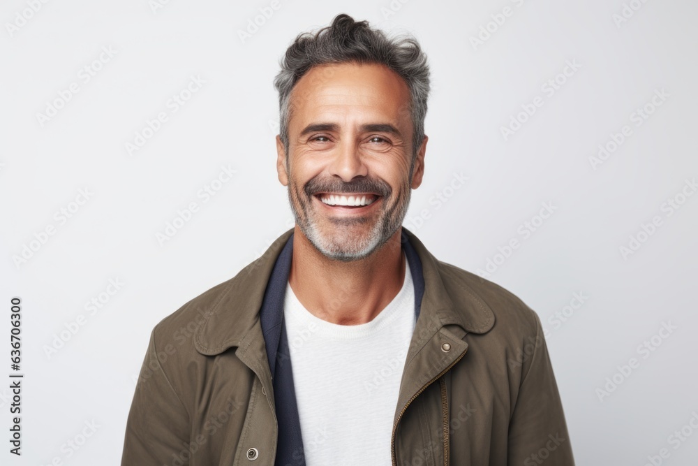 Medium shot portrait of a Brazilian man in his 40s in a white background wearing a chic cardigan Medium shot portrait of a Brazilian man in his 40s in a white background wearing a chic cardigan