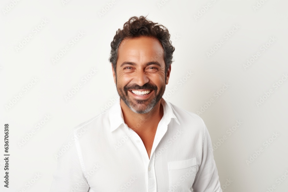 Medium shot portrait of a Brazilian man in his 40s in a white background wearing a chic cardigan Medium shot portrait of a Brazilian man in his 40s in a white background wearing a chic cardigan