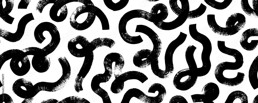 Bold curved lines and squiggles seamless banner design. Brush drawn creative texture with doodles. Hand drawn marker scribbles, curved thick lines. Vector organic irregular wavy smears, squiggles.