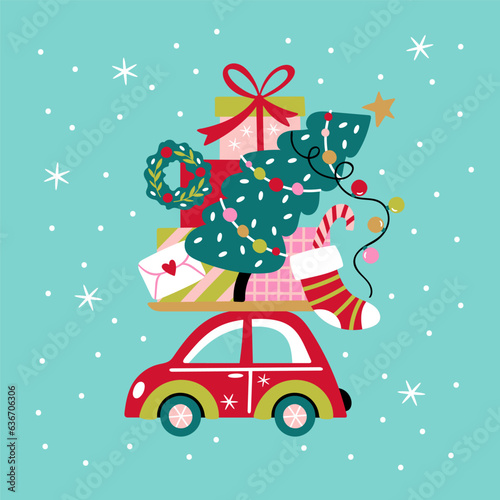 Christmas holiday cute greeting card with car, Christmas tree and gift boxes. Childish print for cards, stickers, apparel and decoration. Vector illustration
