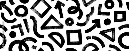 Modern abstract background with primary geometric shapes. Brush drawn circles, triangle, square, arrow and wavy lines. Creative abstract geometric banner background in grunge sketch style.