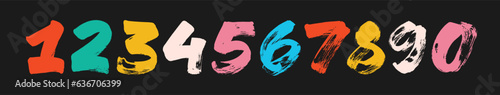 Bold brush drawn grunge numbers in bright colors. Dirty textured vector numbers for kid stuff. Rough brush strokes. Hand drawn thick digits in grunge modern style. Graffiti style writing.