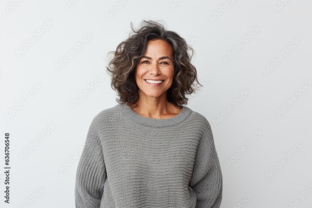Lifestyle portrait of a Brazilian woman in her 50s in a white background wearing a cozy sweater Lifestyle portrait of a Brazilian woman in her 50s in a white background wearing a cozy sweater