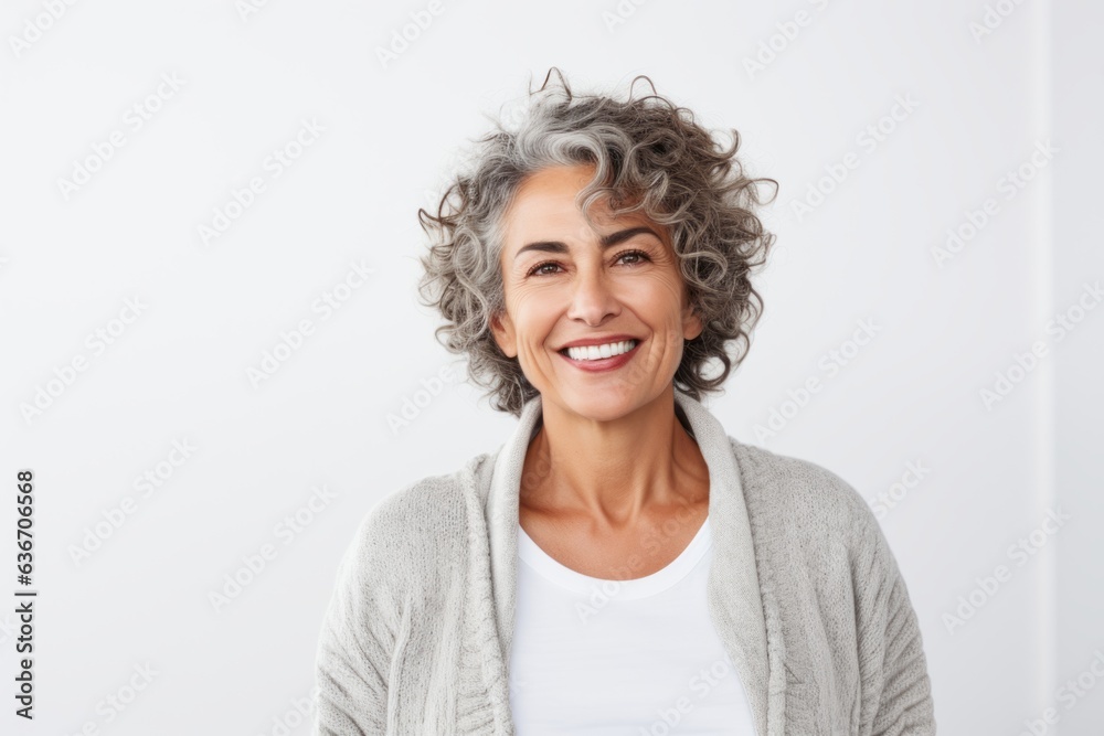 Portrait of a smiling mature woman looking at camera over white background Portrait of a smiling mature woman looking at camera over white background