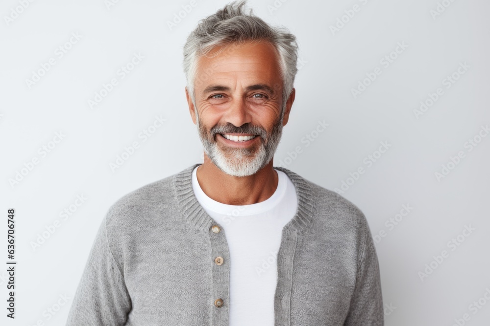 Portrait of handsome mature man with grey hair and beard smiling at camera Portrait of handsome mature man with grey hair and beard smiling at camera