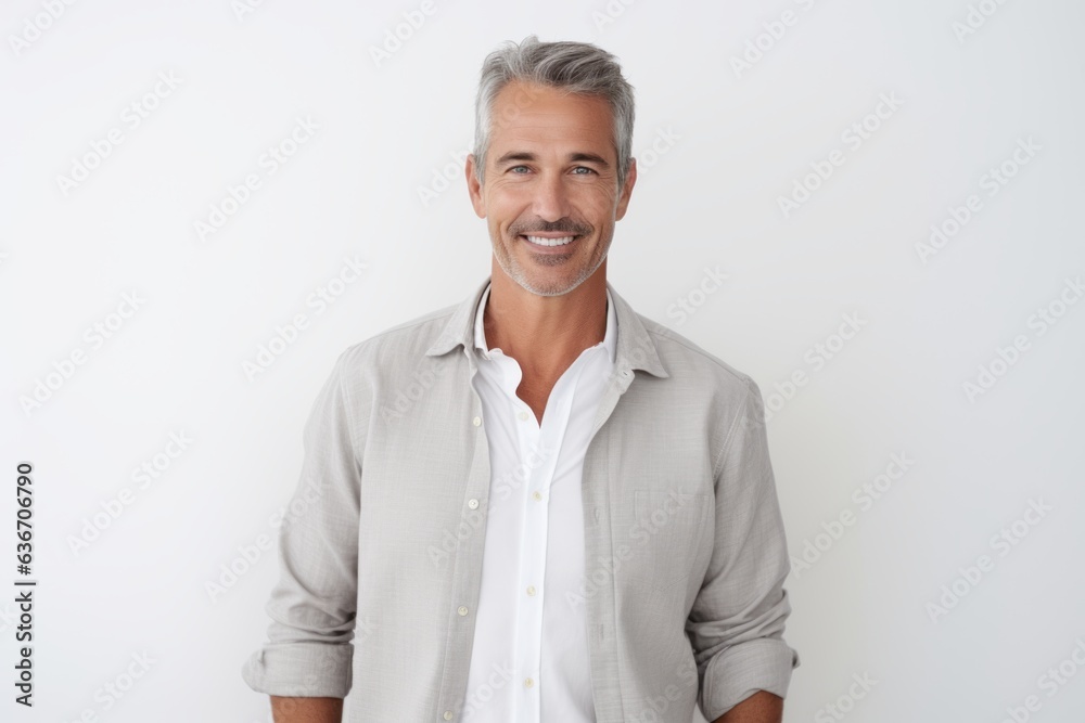 Portrait of handsome mature man looking at camera with smile while standing against white background Portrait of handsome mature man looking at camera with smile while standing against white background