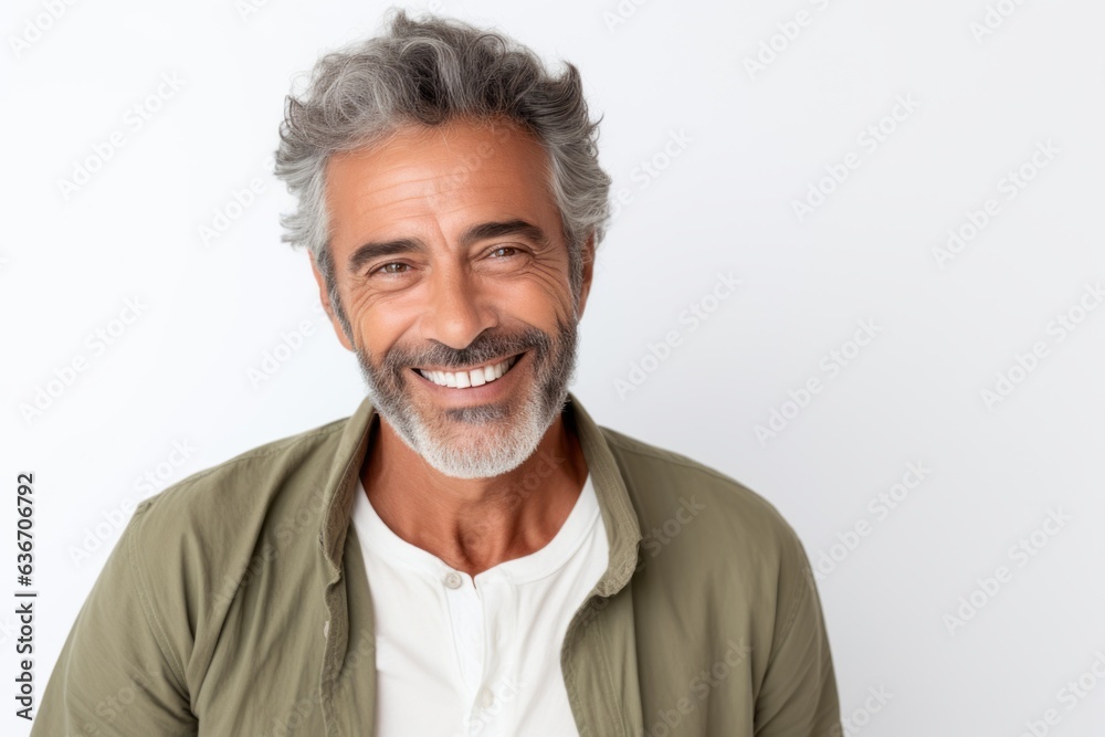 Portrait of handsome mature man in casual clothes looking at camera and smiling while standing against white background Portrait of handsome mature man in casual clothes looking at camera and smiling while standing against white background