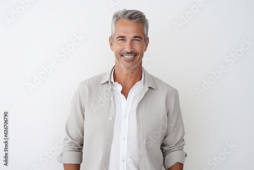 Portrait of handsome mature man looking at camera with smile while standing against white background