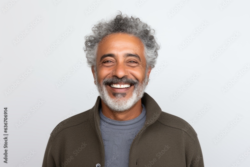 Portrait of happy mature Indian man with grey hair laughing and looking at camera Portrait of happy mature Indian man with grey hair laughing and looking at camera