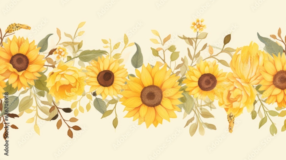 Naklejka premium Autumn sunflowers beautiful bouquet. Modern watercolor floral art design. AI botanical illustration for weddings, invitations, greeting cards, print.