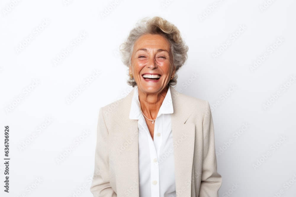 Portrait of a happy senior woman laughing at the camera on white background Portrait of a happy senior woman laughing at the camera on white background