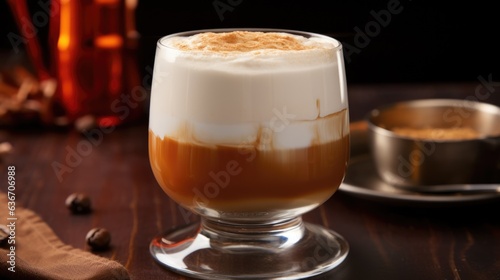 Сoffee Halloween cocktail topped with whipped cream in glass. Autumn coffee with spicy flavor and cream. Seasonal Fall Drinks concept. Alcoholic scary drink. AI photography.