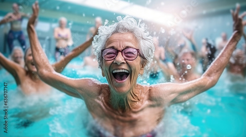 Gray haired elderly woman at swimming pool portrait. Happy senior healthy old woman enjoying active life outdoor. Healthy lifestyle. Active retirement concept. AI photography..