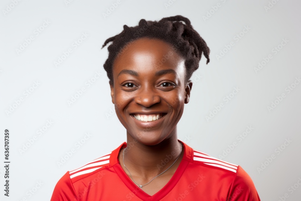 Lifestyle portrait of a Nigerian woman in her 30s in a white background wearing a sporty polo shirt Lifestyle portrait of a Nigerian woman in her 30s in a white background wearing a sporty polo shirt