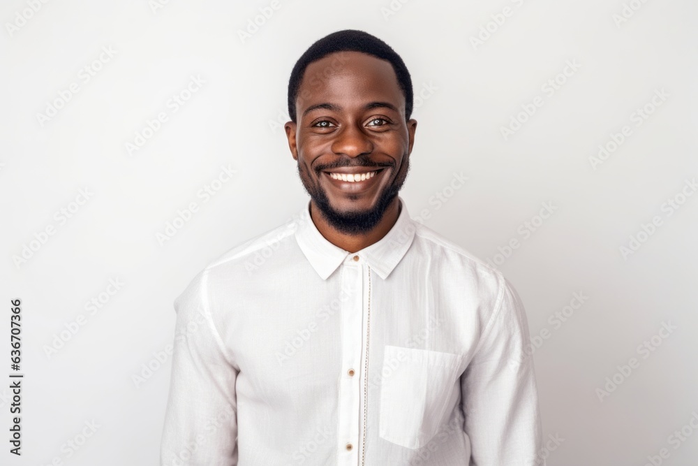 Medium shot portrait of a Nigerian man in his 30s in a white background wearing a chic cardigan Medium shot portrait of a Nigerian man in his 30s in a white background wearing a chic cardigan