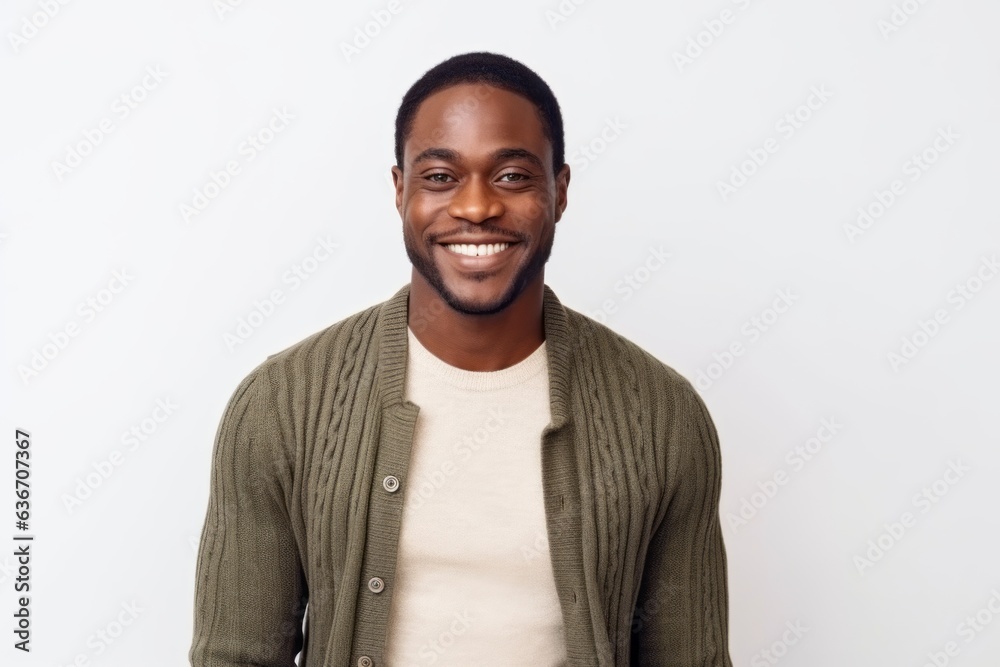 Medium shot portrait of a Nigerian man in his 30s in a white background wearing a chic cardigan Medium shot portrait of a Nigerian man in his 30s in a white background wearing a chic cardigan