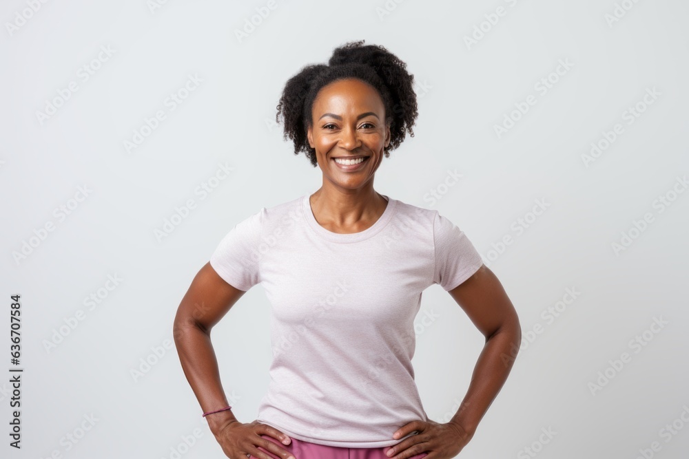 Medium shot portrait of a Nigerian woman in her 40s in a white background wearing a casual t-shirt Medium shot portrait of a Nigerian woman in her 40s in a white background wearing a casual t-shirt