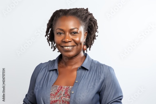 Lifestyle portrait of a Nigerian woman in her 40s in a white background wearing a chic cardigan