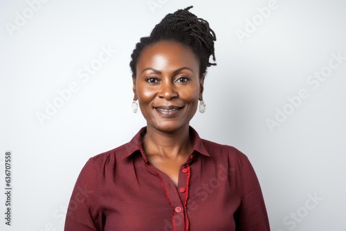 Lifestyle portrait of a Nigerian woman in her 40s in a white background wearing a chic cardigan photo