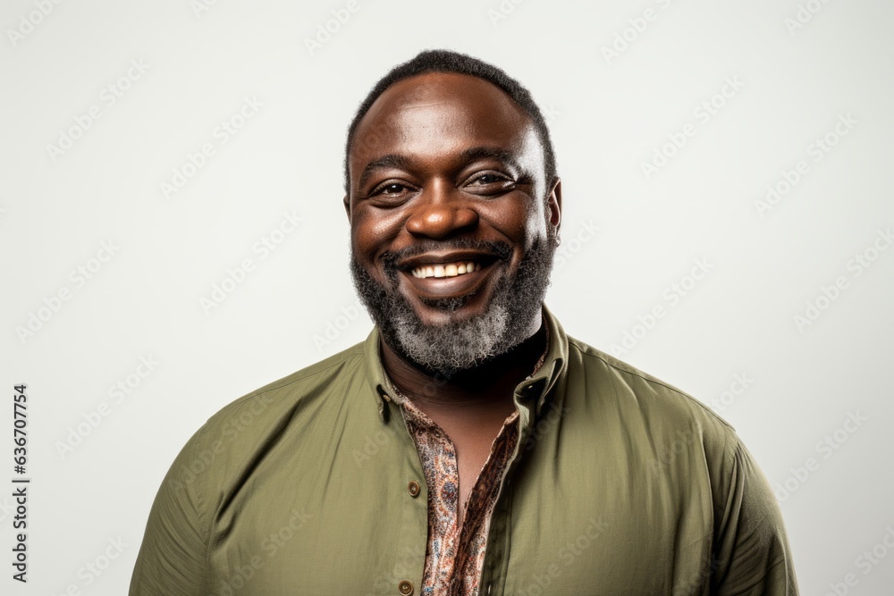 Lifestyle portrait of a Nigerian man in his 40s in a white background wearing a chic cardigan