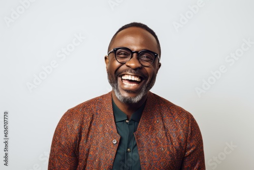 Lifestyle portrait of a Nigerian man in his 40s in a white background wearing a chic cardigan © Anne-Marie Albrecht
