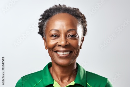 Close-up portrait of a Nigerian woman in her 50s in a white background wearing a sporty polo shirt