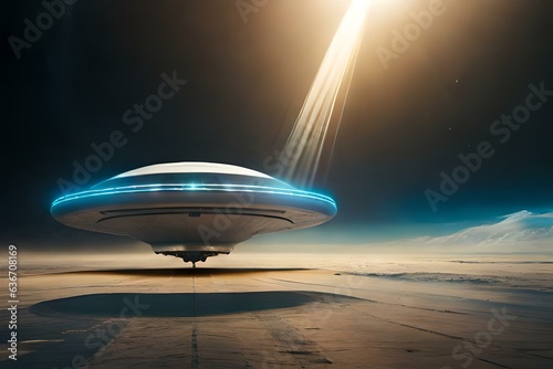 UFO landing on earth, a stream of light shining from underneath the space ship. Generative AI