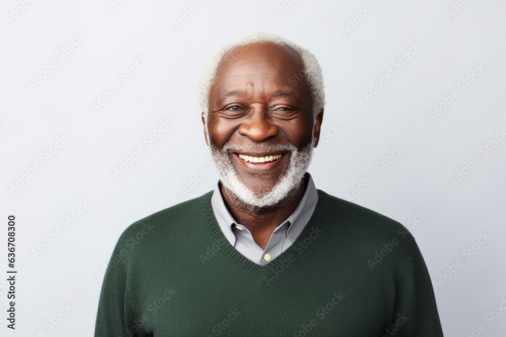 Medium shot portrait of a Nigerian man in his 70s in a white background wearing a chic cardigan