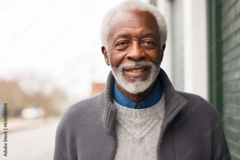 Lifestyle portrait of a Nigerian man in his 70s in a white background wearing a chic cardigan Lifestyle portrait of a Nigerian man in his 70s in a white background wearing a chic cardigan