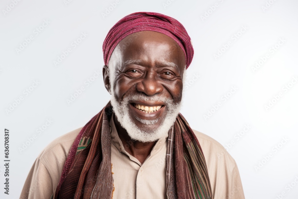 Medium shot portrait of a Nigerian man in his 70s in a white background wearing a charming scarf