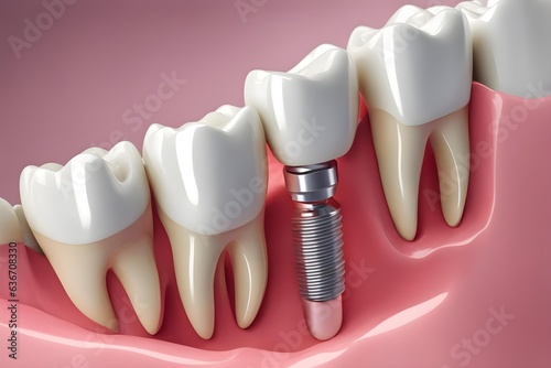 Close up Human tooth implant, crown model. Modern stomatology concept. Selective focus, Parts of dental implant and dent.