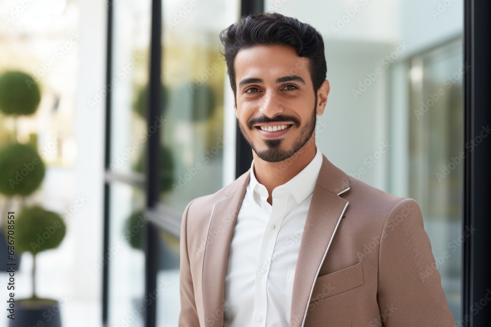 smiling young businessman in beige suit looking at camera in office smiling young businessman in beige suit looking at camera in office