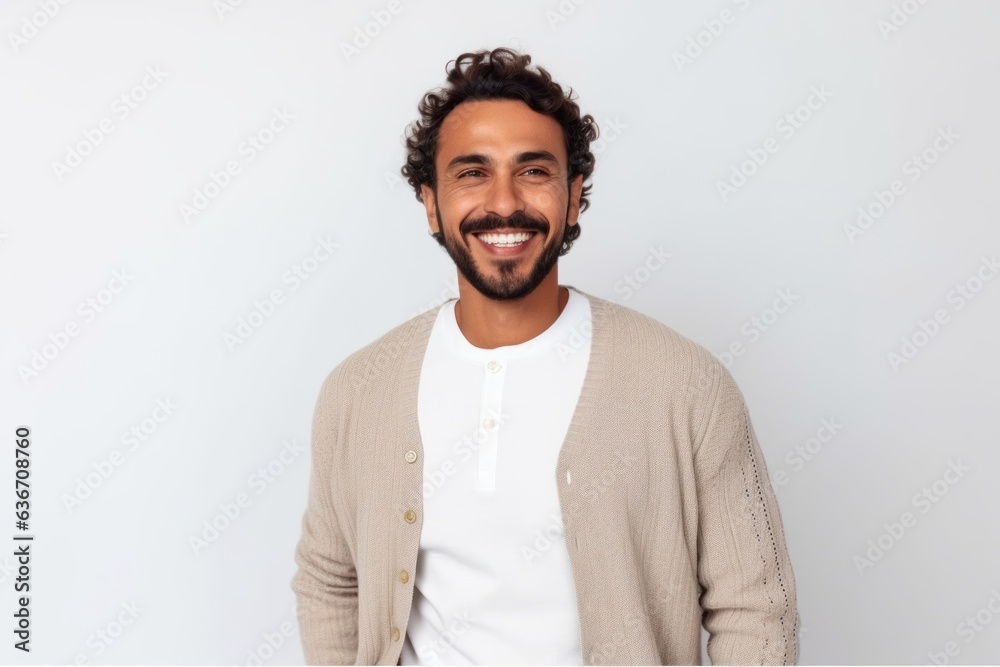 Fototapeta premium Portrait of young handsome man with curly hair looking at camera and smiling.